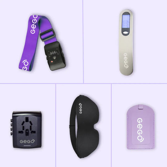 Collage of travel accessories gego on a light purple grid background