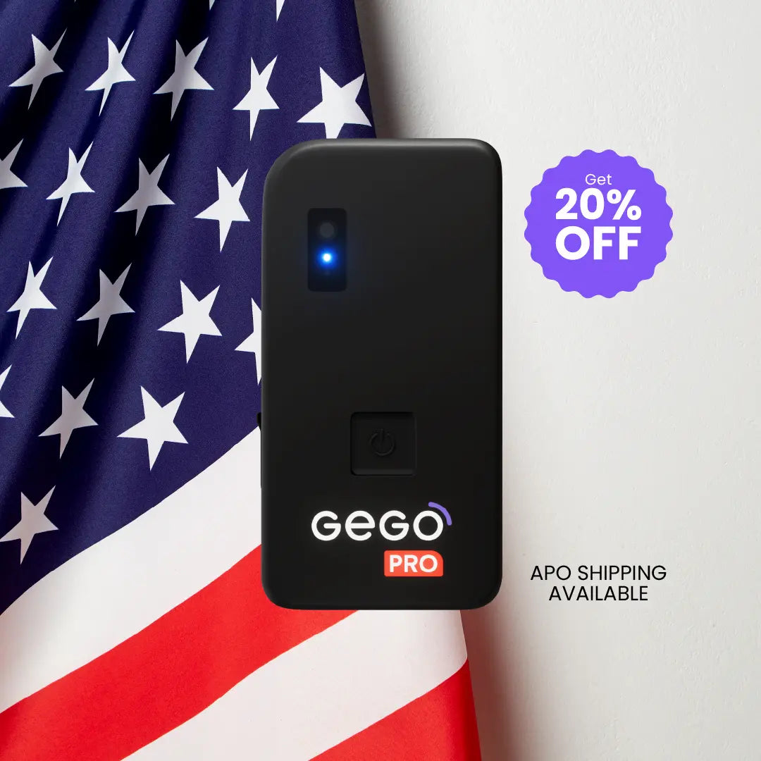 A black GEGO PRO tracker device with a blue indicator light, positioned against an American flag background, indicating a military or veteran's discount.
